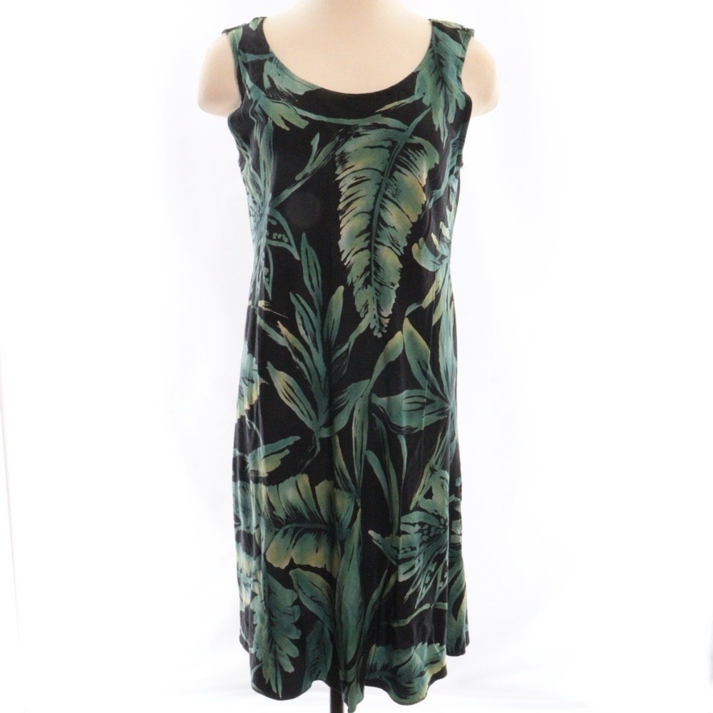 Tori Richard Hawaiian Aloha Tropical Dress Round Neck Black Green Leaves Flowy L